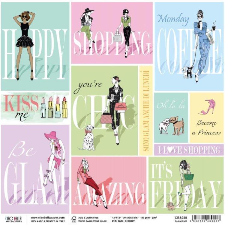 SALE Ciao Bella Scrapbooking Paper Sheet Glamour #CBS038 SET