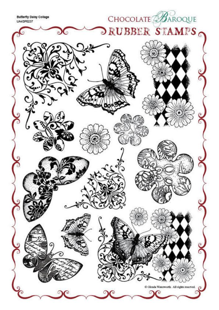 Chocolate Baroque Butterfly Daisy Collage Rubber Stamp